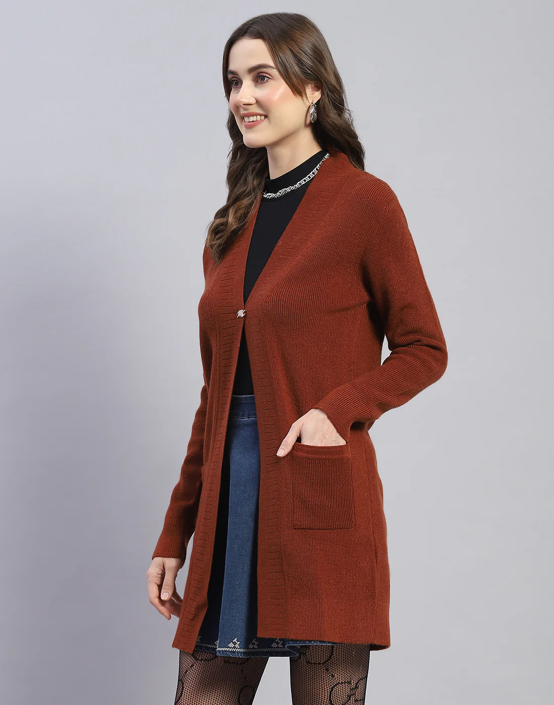 Women Brown Self Design V Neck Full Sleeve Cardigan - Image 3