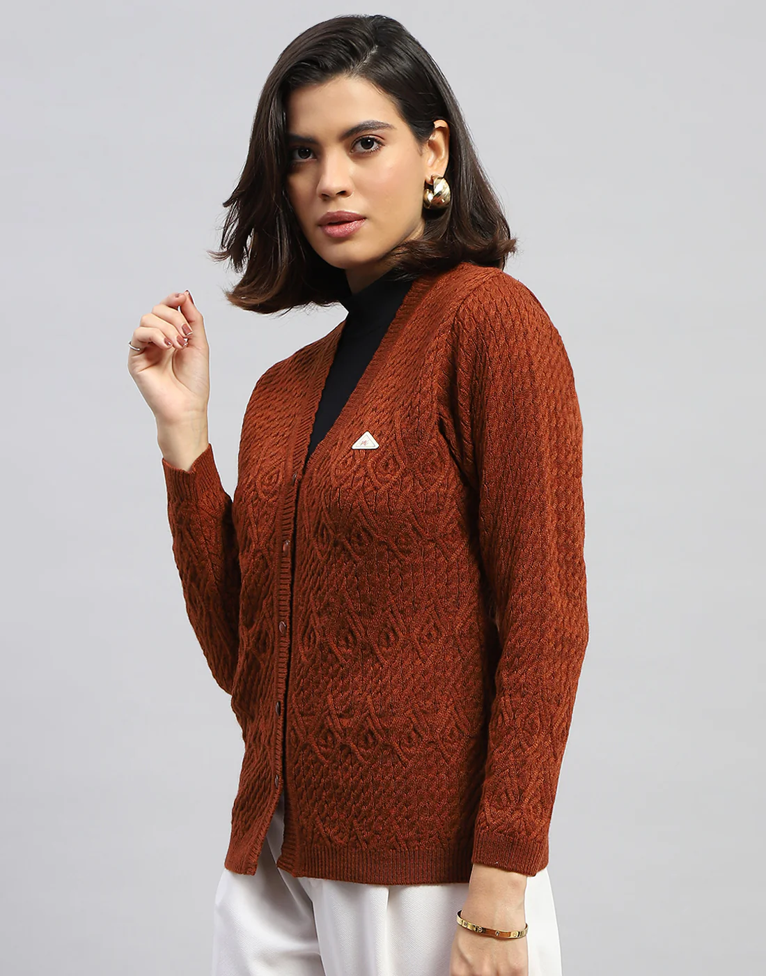 Women Brown Self Design V Neck Full Sleeve Cardigan - Image 3
