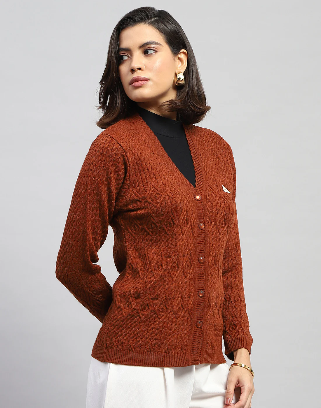 Women Brown Self Design V Neck Full Sleeve Cardigan - Image 4