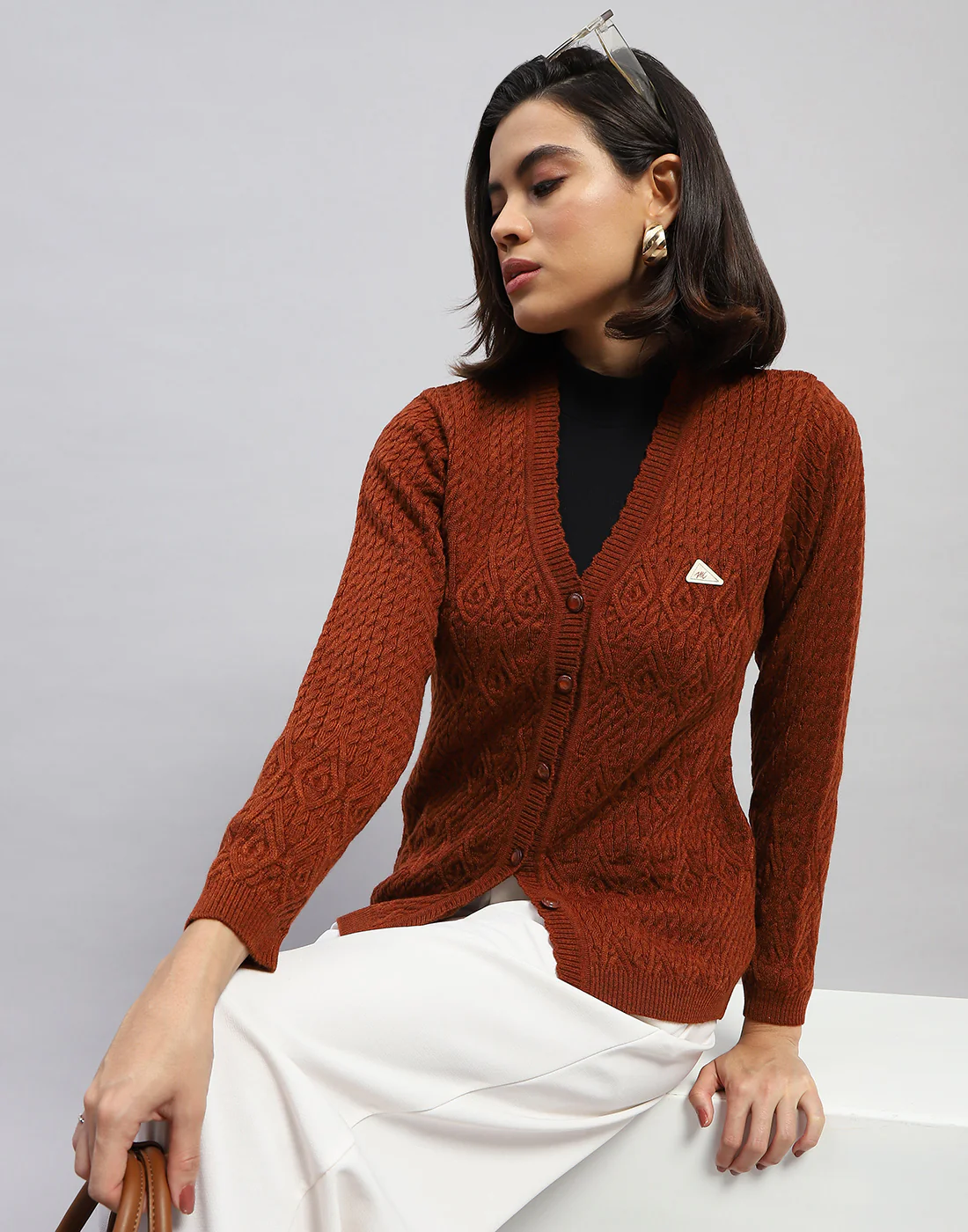 Women Brown Self Design V Neck Full Sleeve Cardigan - Image 6