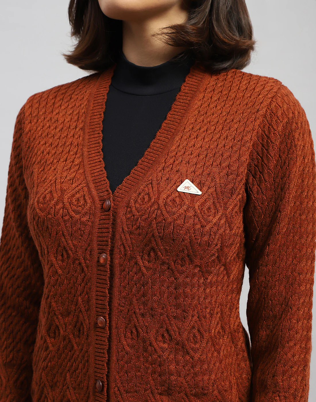 Women Brown Self Design V Neck Full Sleeve Cardigan - Image 7