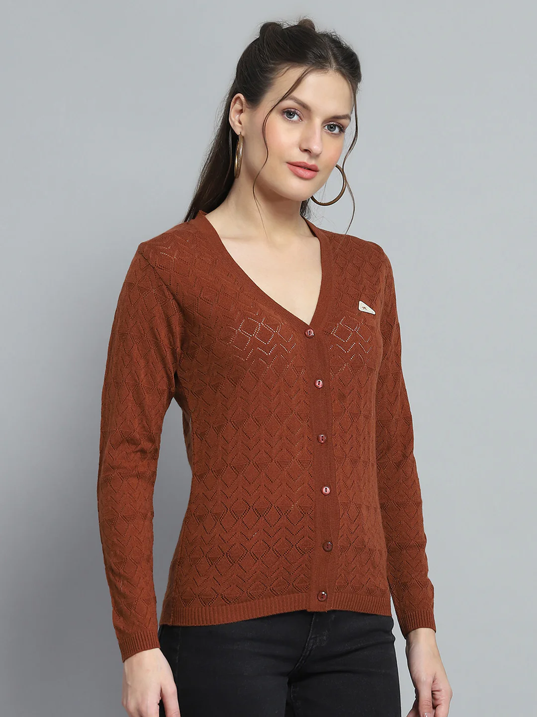 Women Brown Self Design V Neck Full Sleeve Cardigan - Image 4
