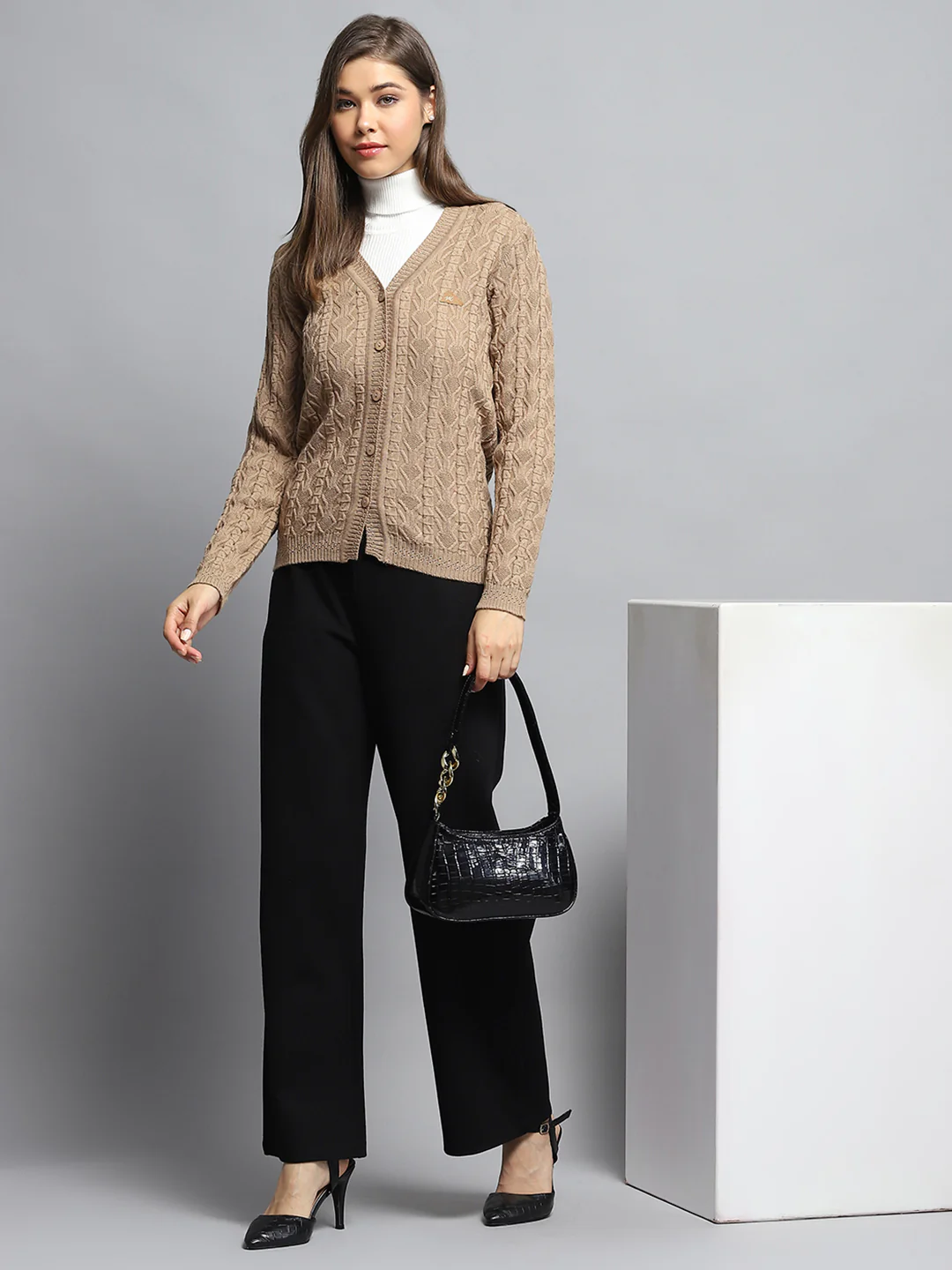 Women Brown Self Design V Neck Full Sleeve Cardigan - Image 2