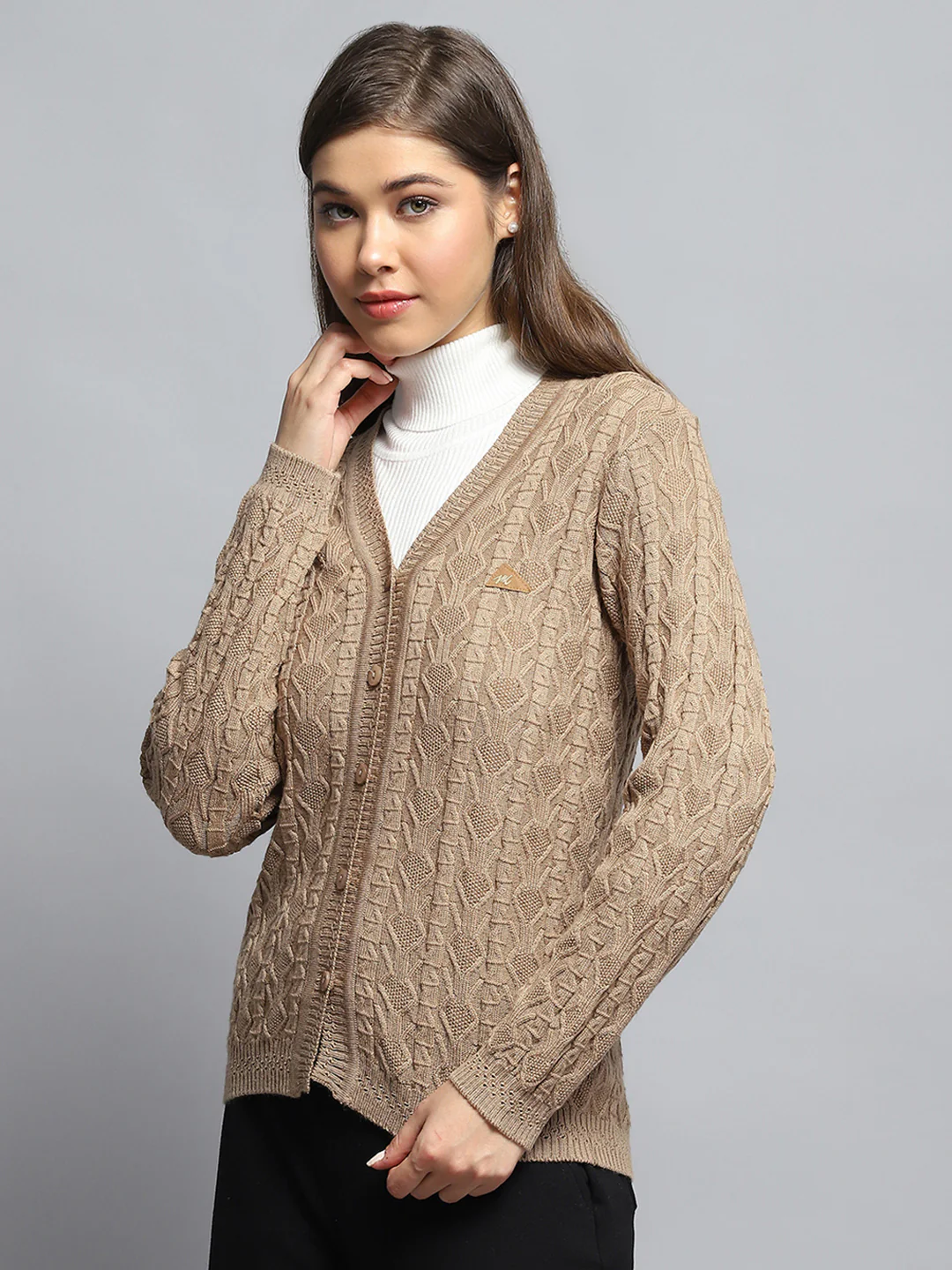 Women Brown Self Design V Neck Full Sleeve Cardigan - Image 3