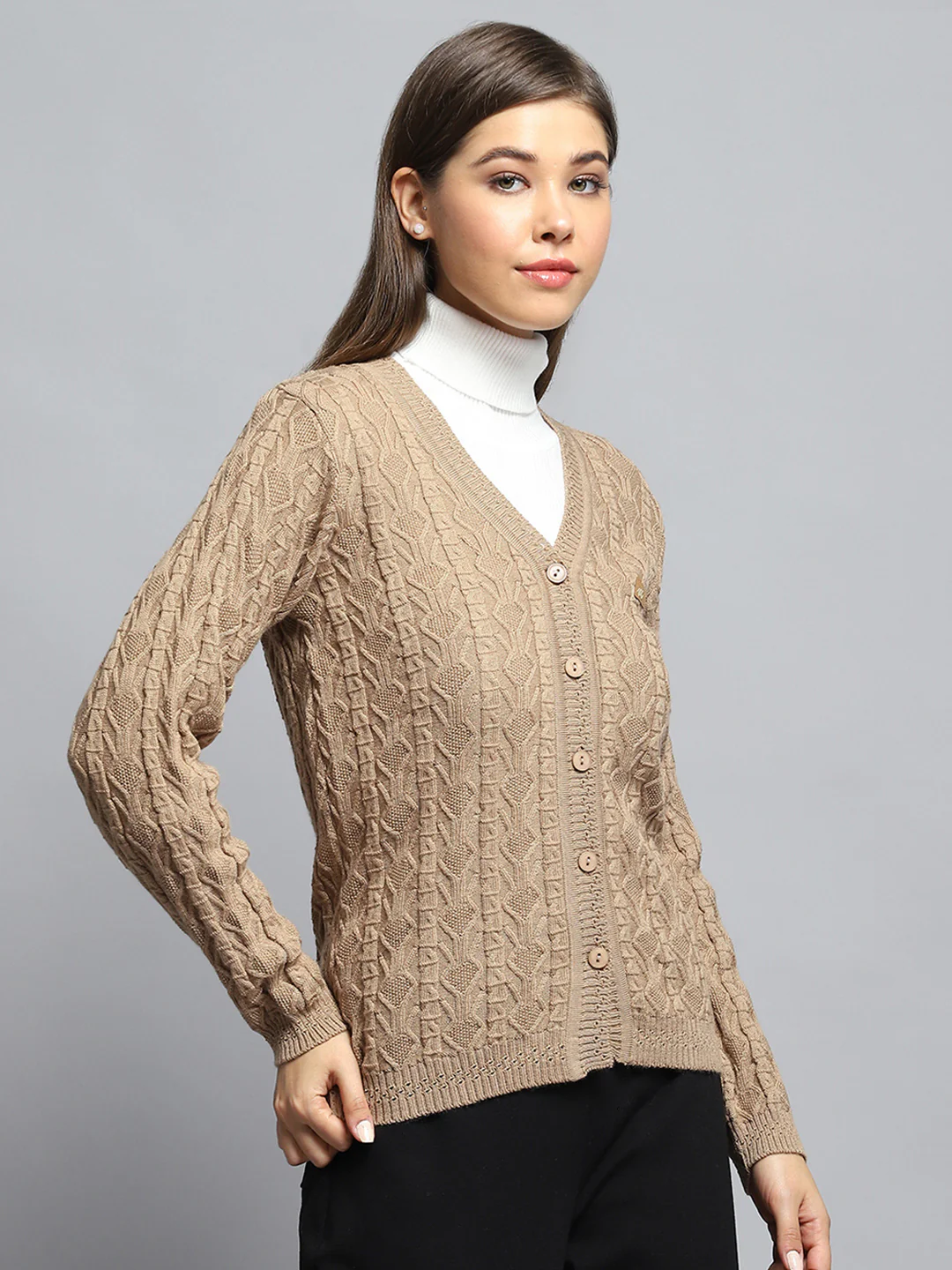 Women Brown Self Design V Neck Full Sleeve Cardigan - Image 4