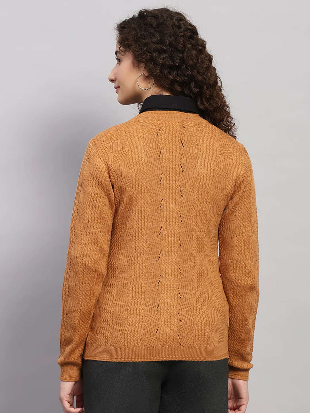 Women Brown Self Design V Neck Full Sleeve Cardigan - Image 5