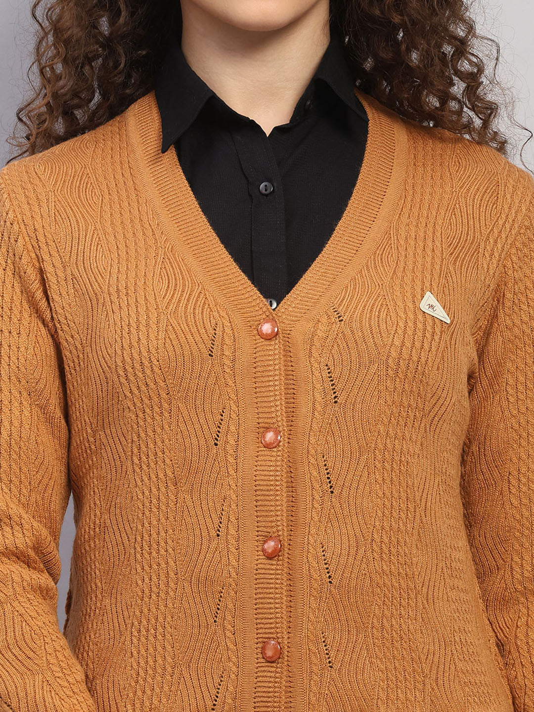 Women Brown Self Design V Neck Full Sleeve Cardigan - Image 7