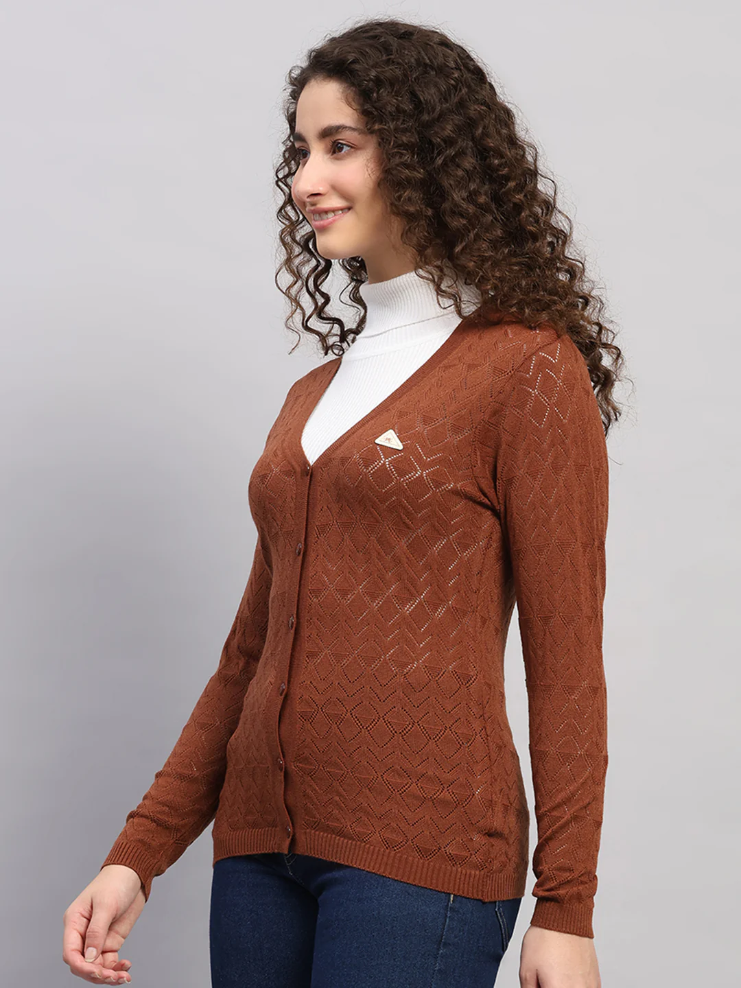 Women Brown Self Design V Neck Full Sleeve Cardigan - Image 3