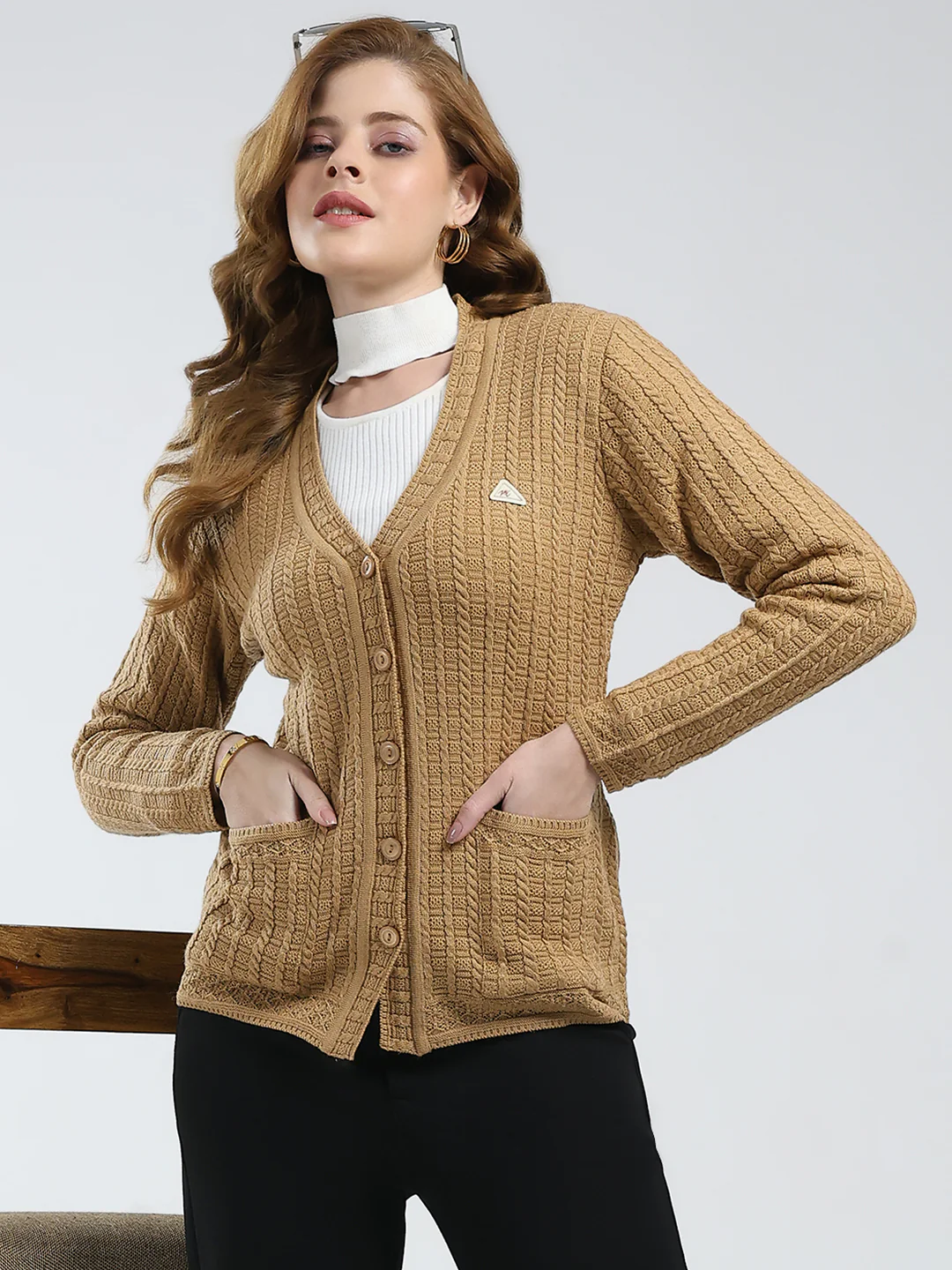 Women Brown Self Design V Neck Full Sleeve Cardigan - Image 6