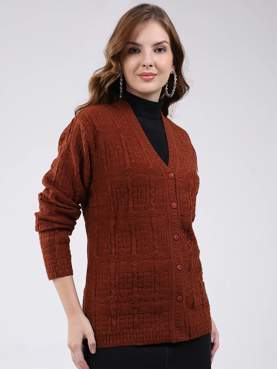 Women Brown Self Design V Neck Full Sleeve Cardigan - Image 4