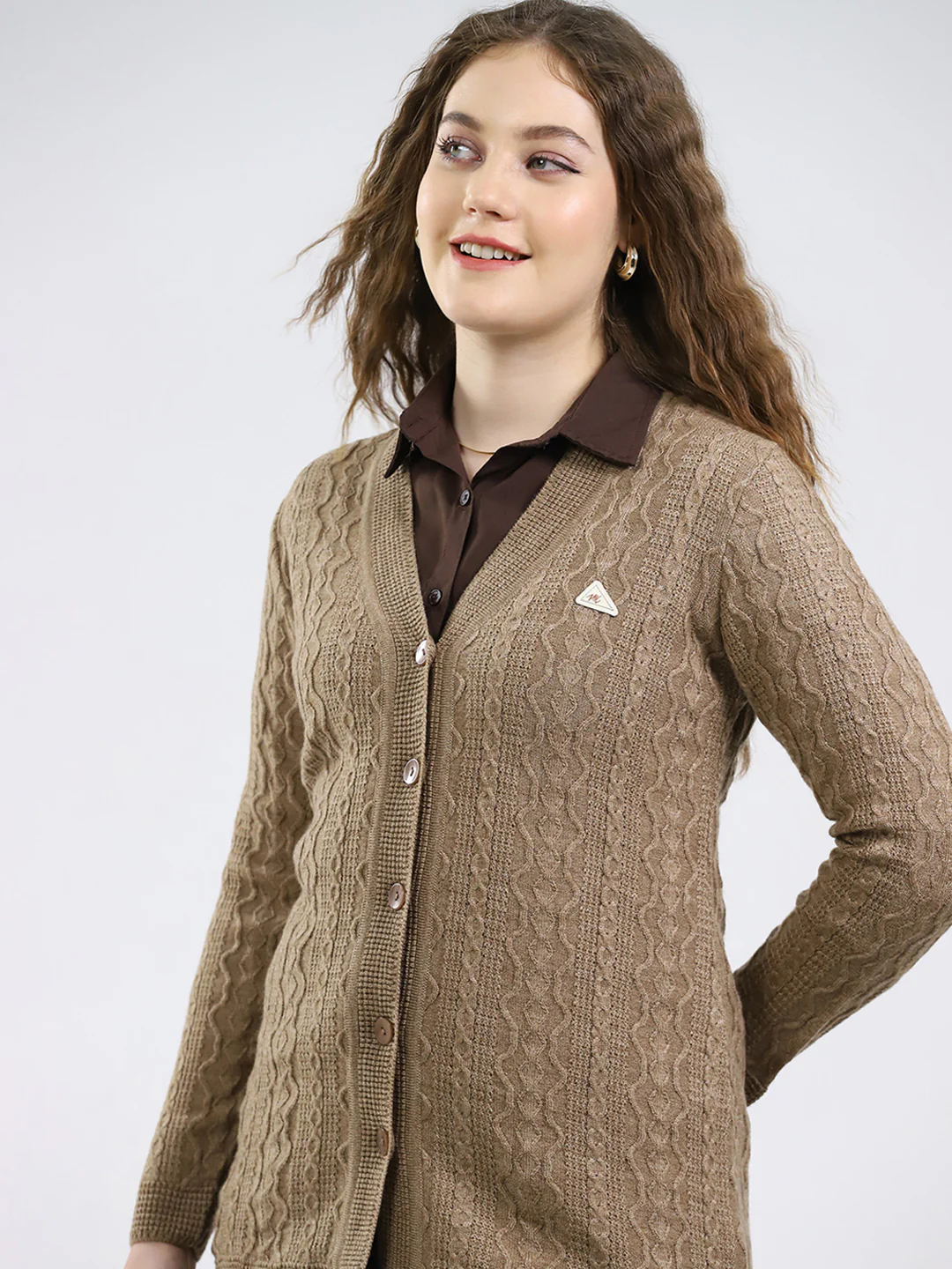 Women Brown Self Design V Neck Full Sleeve Cardigan - Image 7