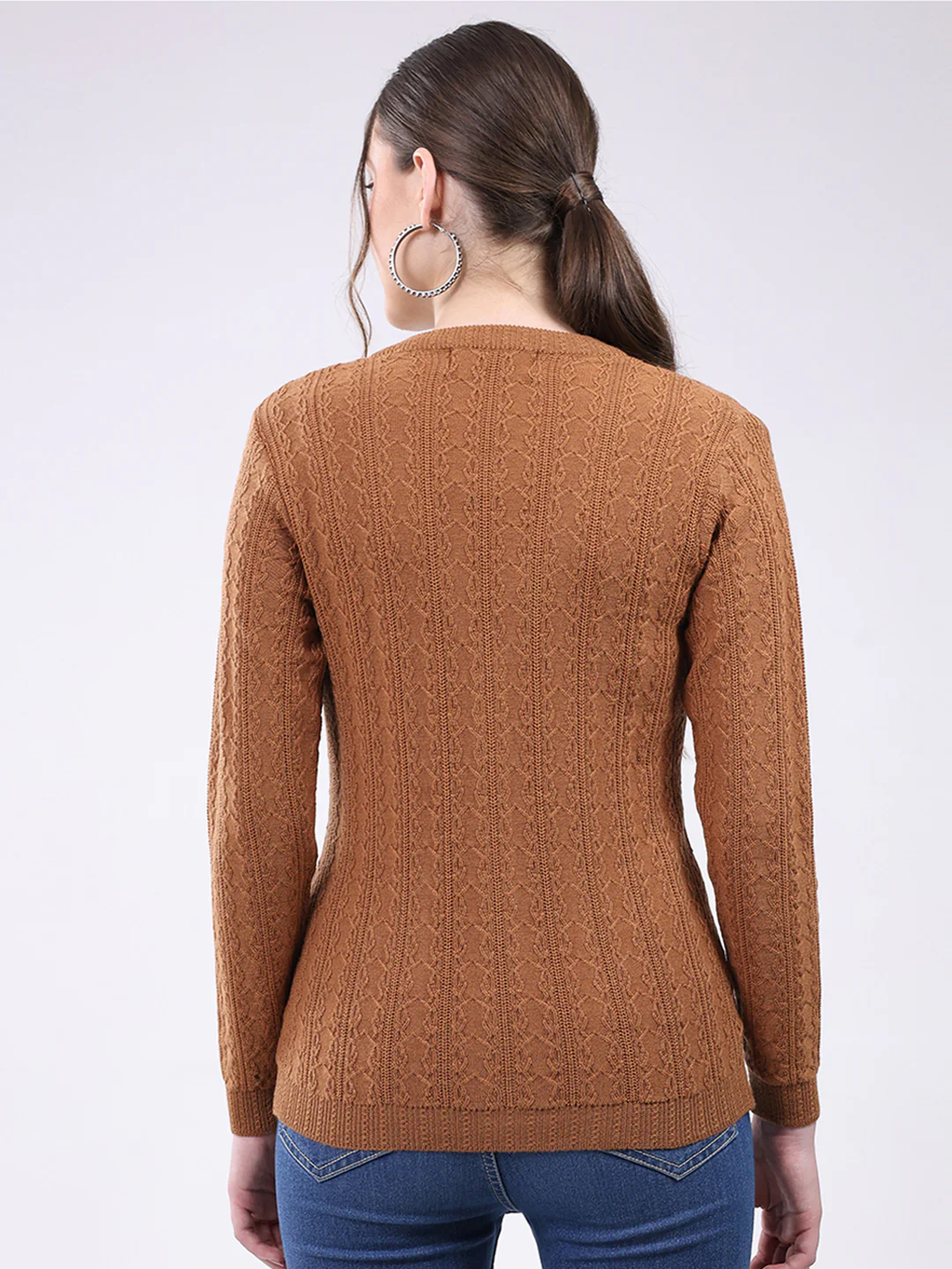 Women Brown Self Design V Neck Full Sleeve Cardigan - Image 5