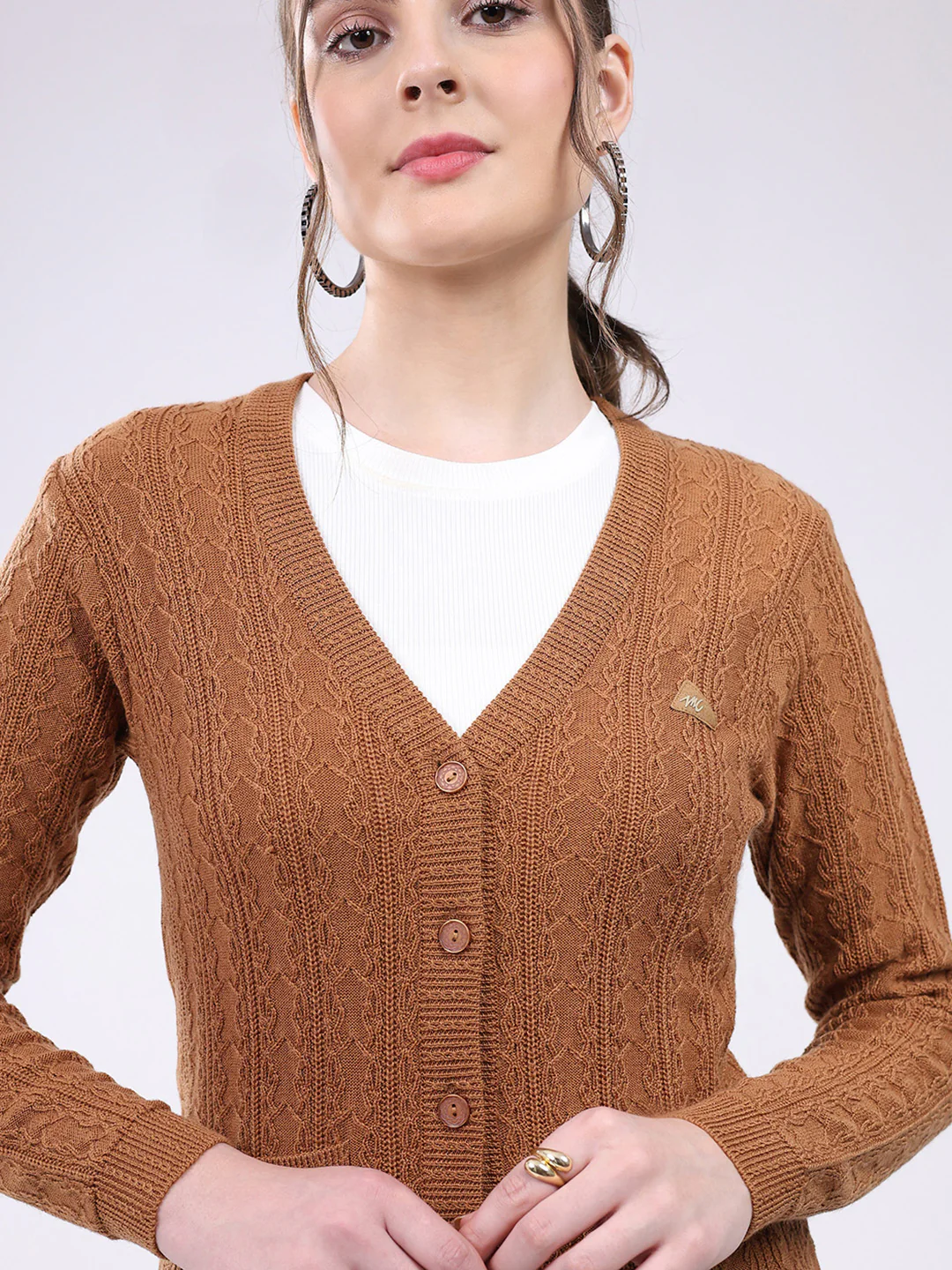 Women Brown Self Design V Neck Full Sleeve Cardigan - Image 6