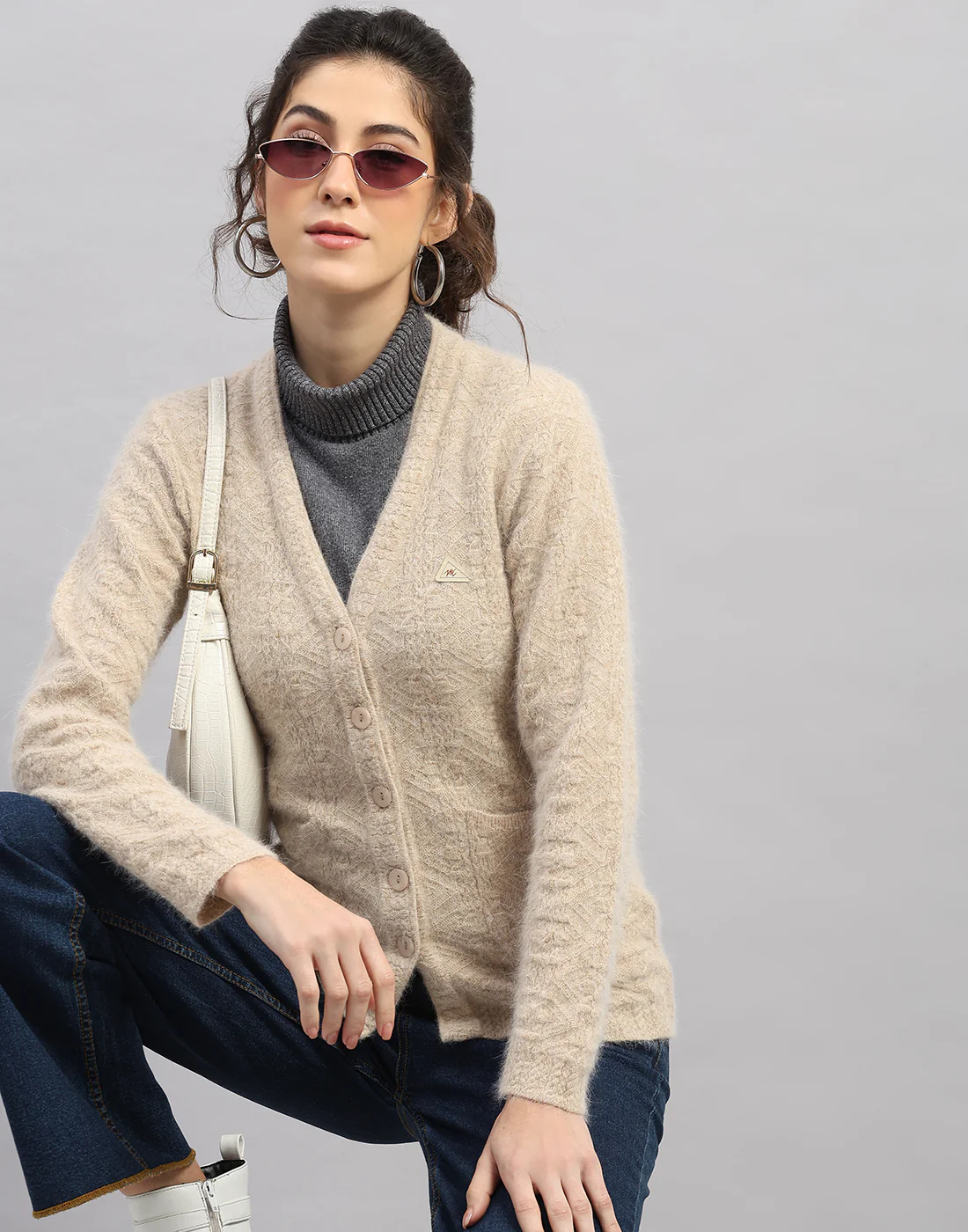 Women Brown Self Design V Neck Full Sleeve Cardigan - Image 6