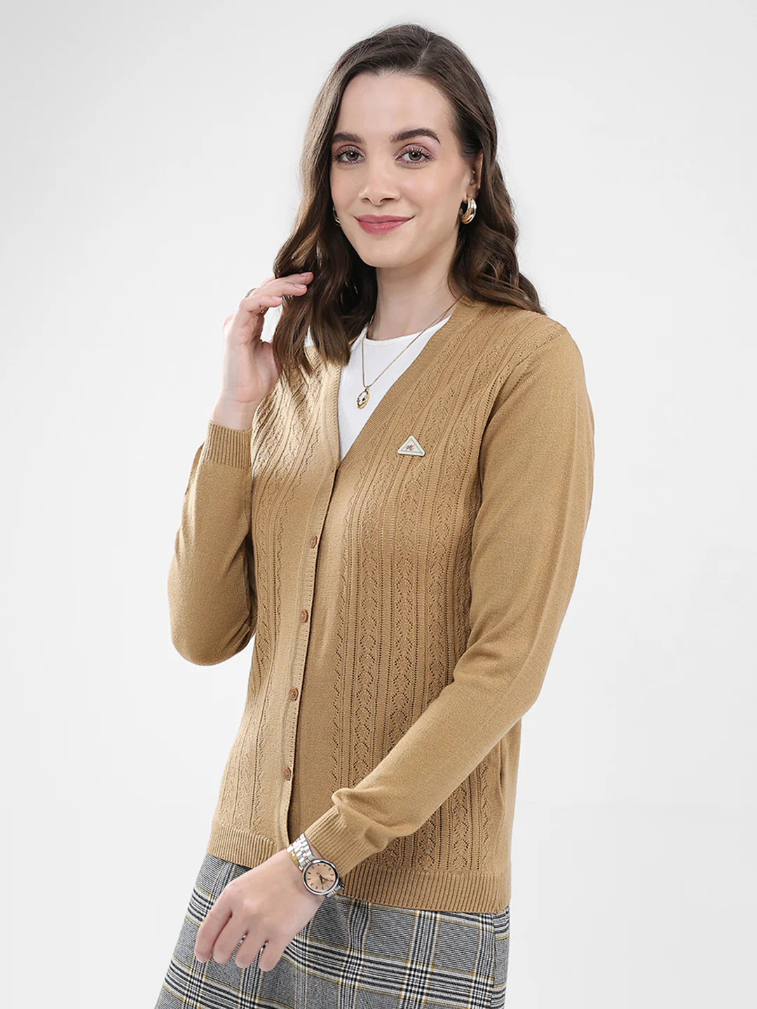 Women Brown Self Design V Neck Full Sleeve Cardigan - Image 3