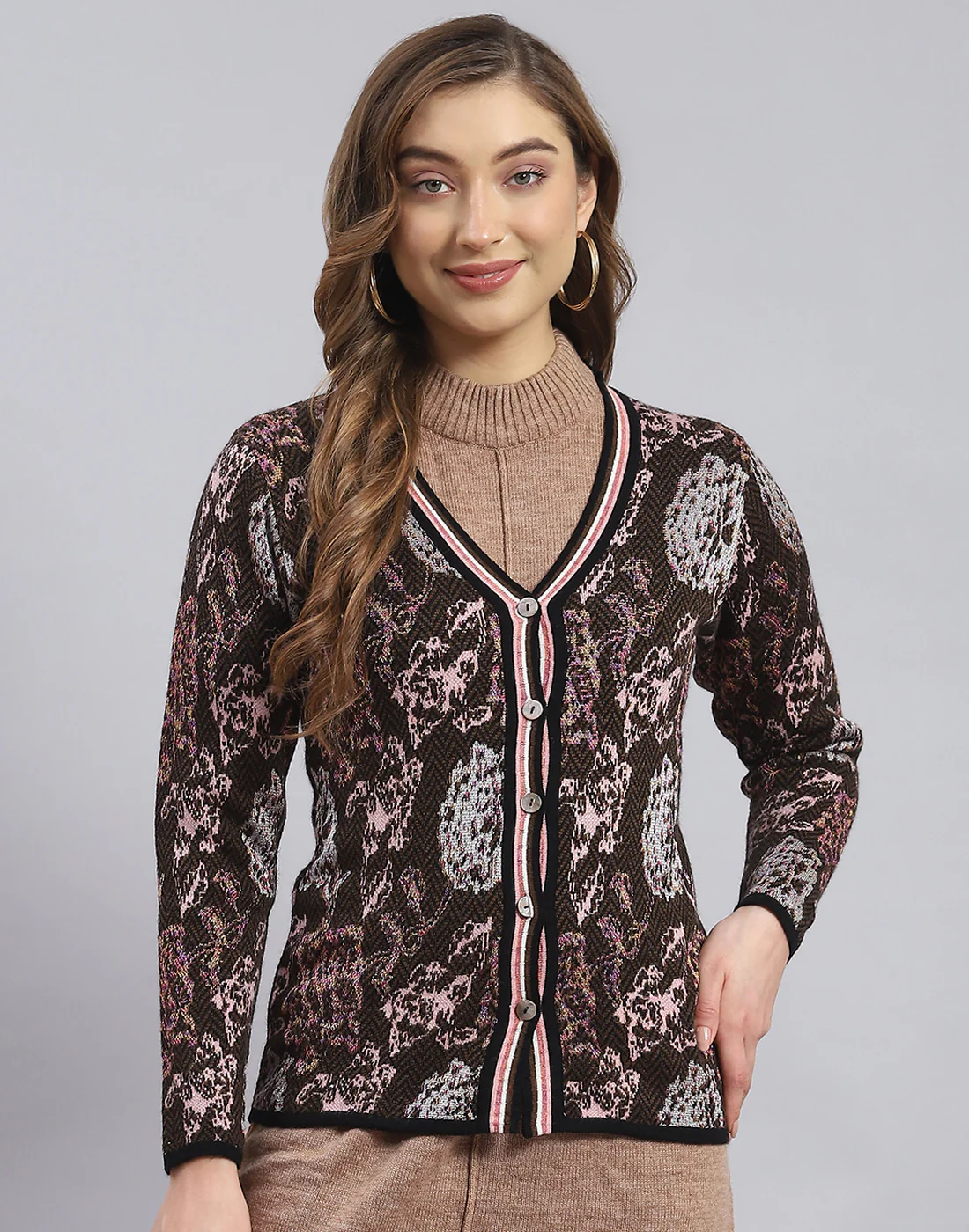 Women Brown Self Design V Neck Full Sleeve Sweater - Image 2
