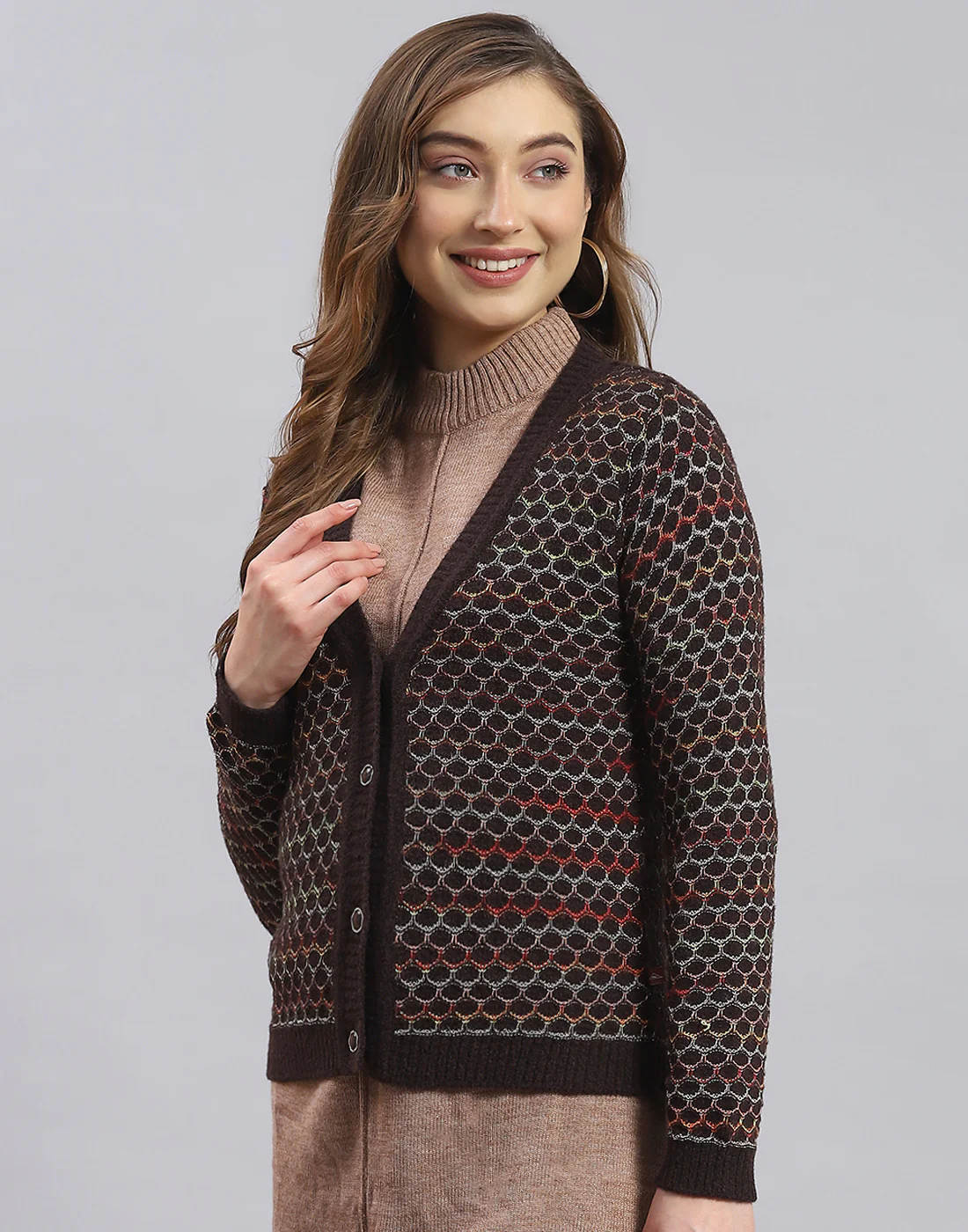 Women Brown Self Design V Neck Full Sleeve Sweater - Image 3