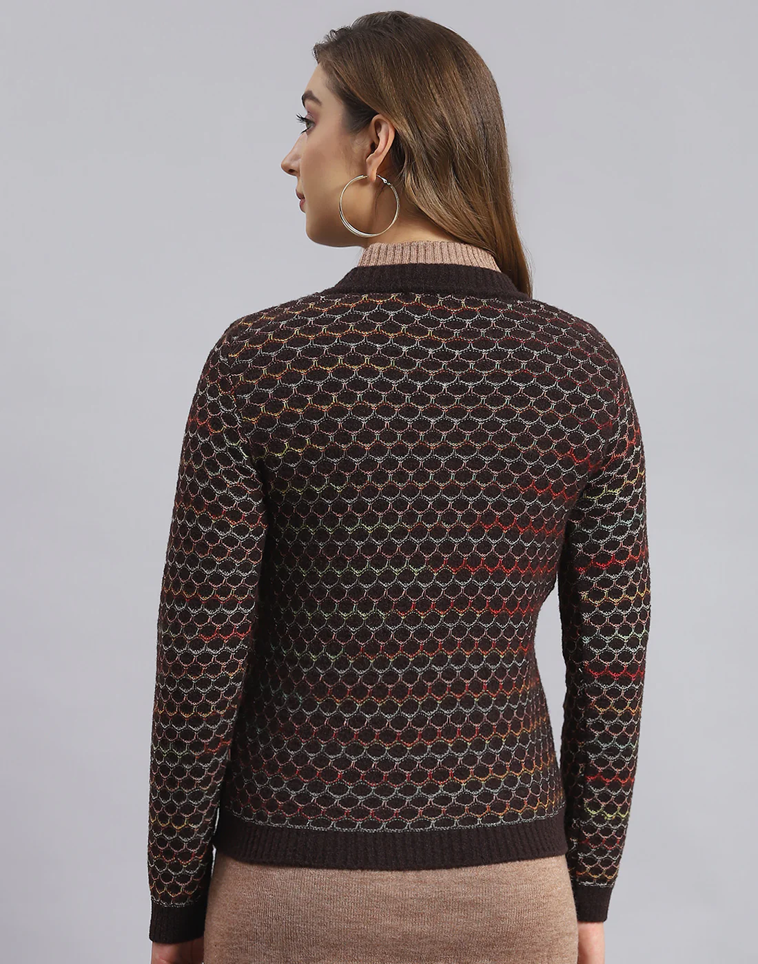 Women Brown Self Design V Neck Full Sleeve Sweater - Image 5