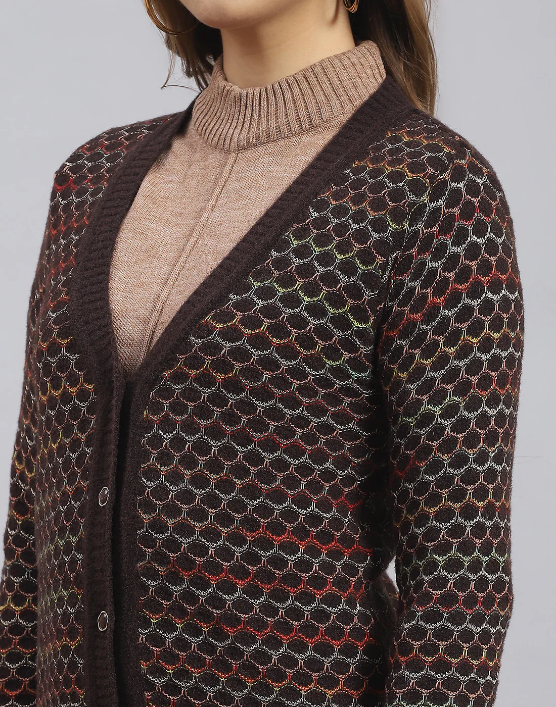 Women Brown Self Design V Neck Full Sleeve Sweater - Image 6