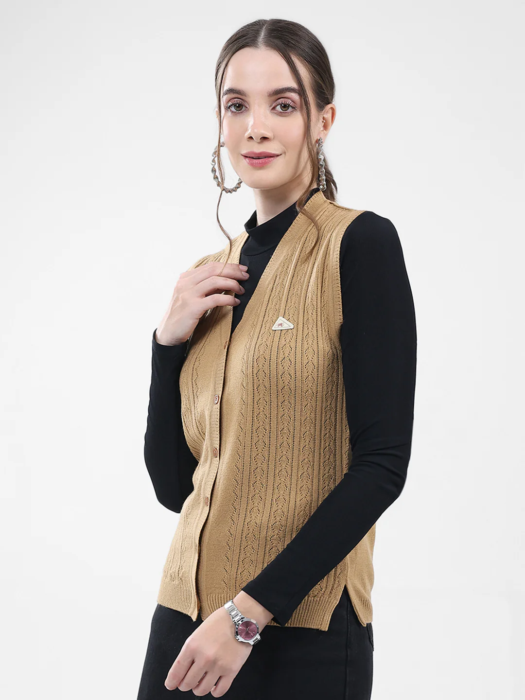 Women Brown Self Design V Neck Sleeveless Cardigan - Image 3