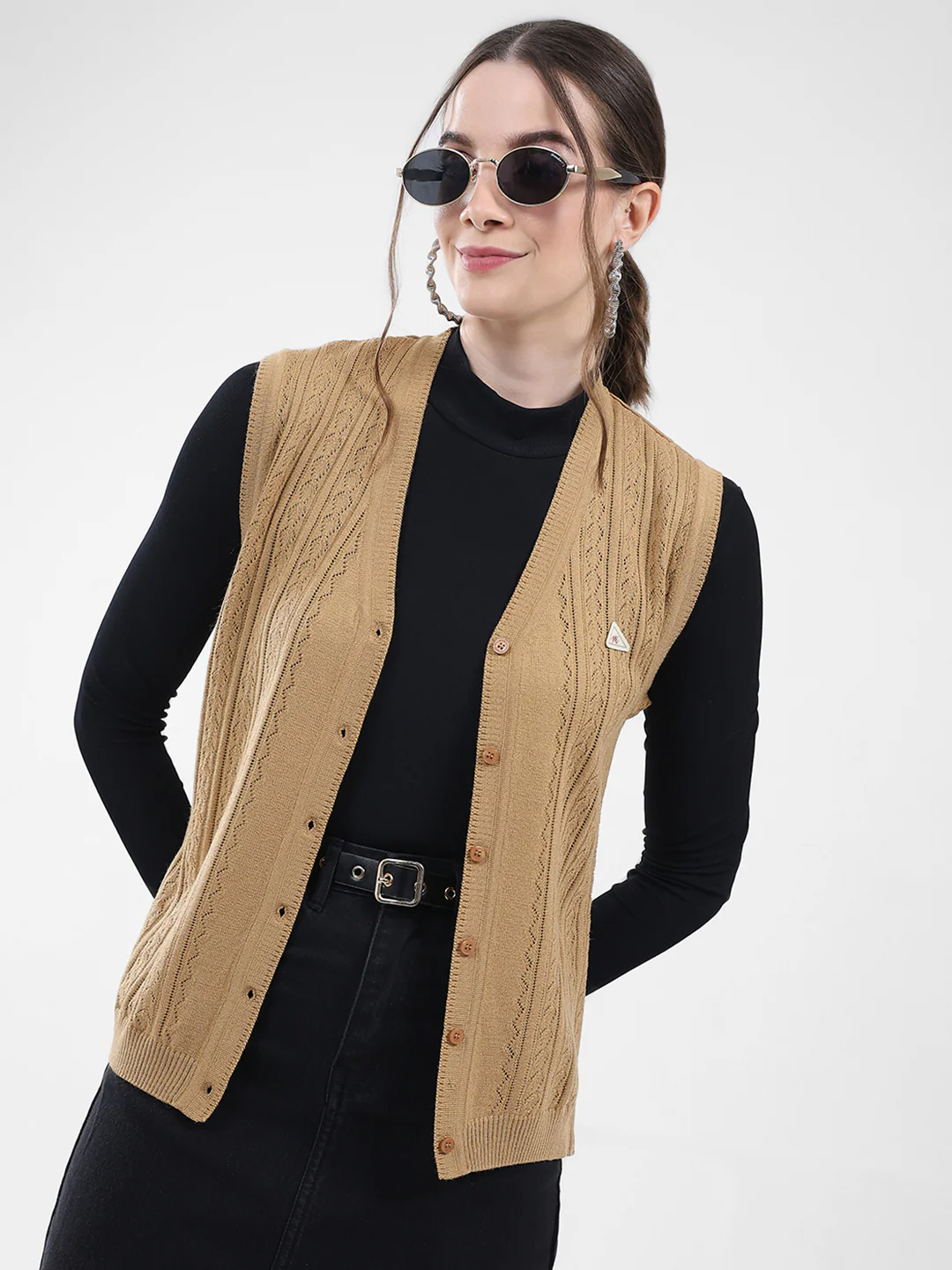 Women Brown Self Design V Neck Sleeveless Cardigan - Image 6