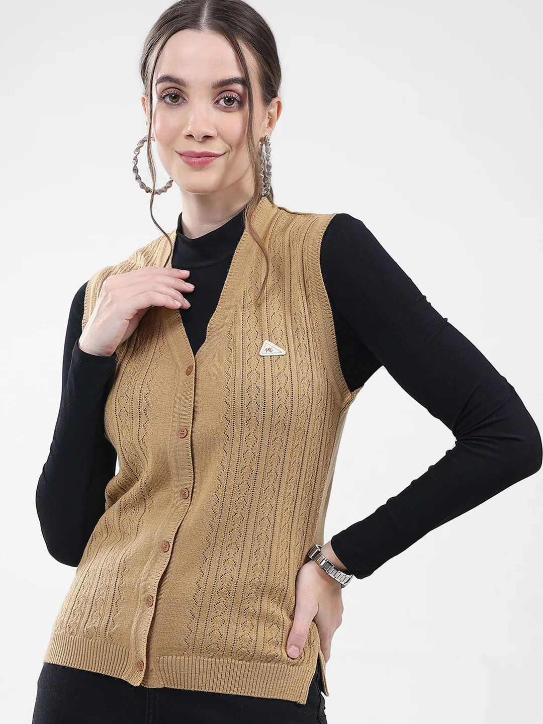 Women Brown Self Design V Neck Sleeveless Cardigan - Image 7