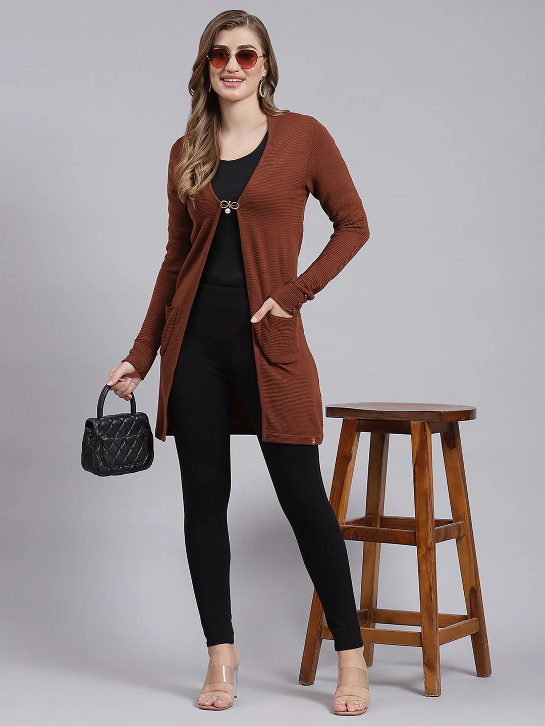 Women Brown Self Design Wool blend Cardigan - Image 5