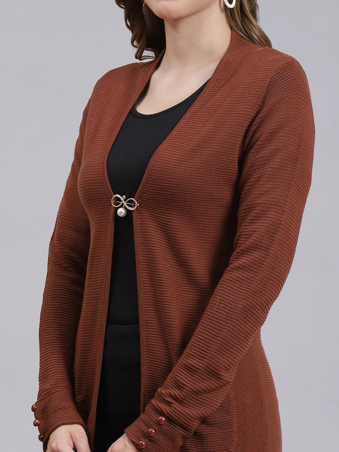 Women Brown Self Design Wool blend Cardigan - Image 6