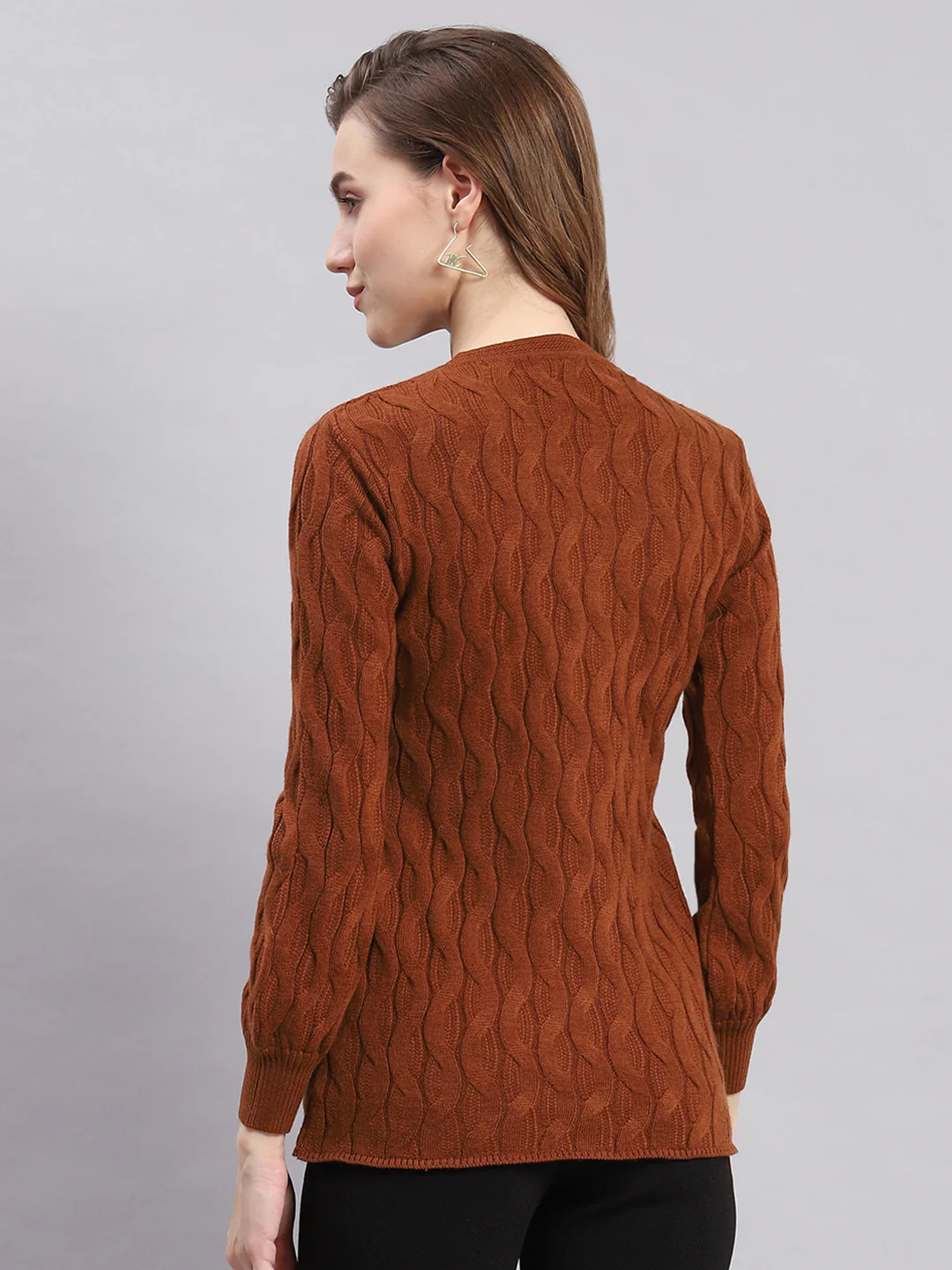 Women Brown Self Design Round Neck Full Sleeve Cardigans - Image 3