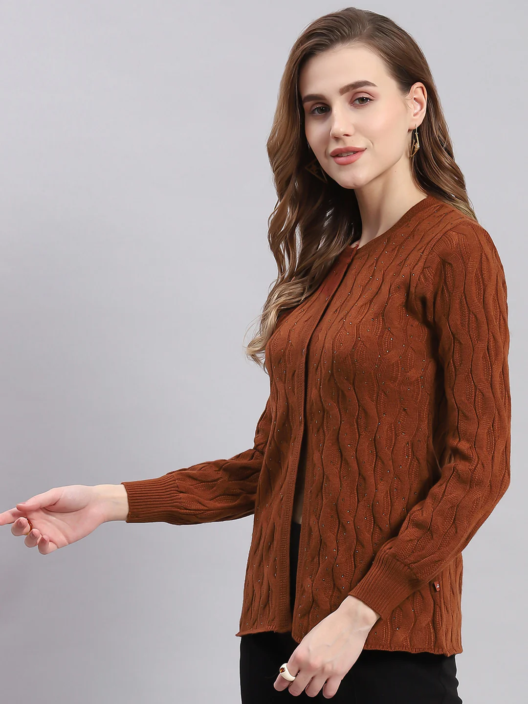 Women Brown Self Design Round Neck Full Sleeve Cardigans - Image 5