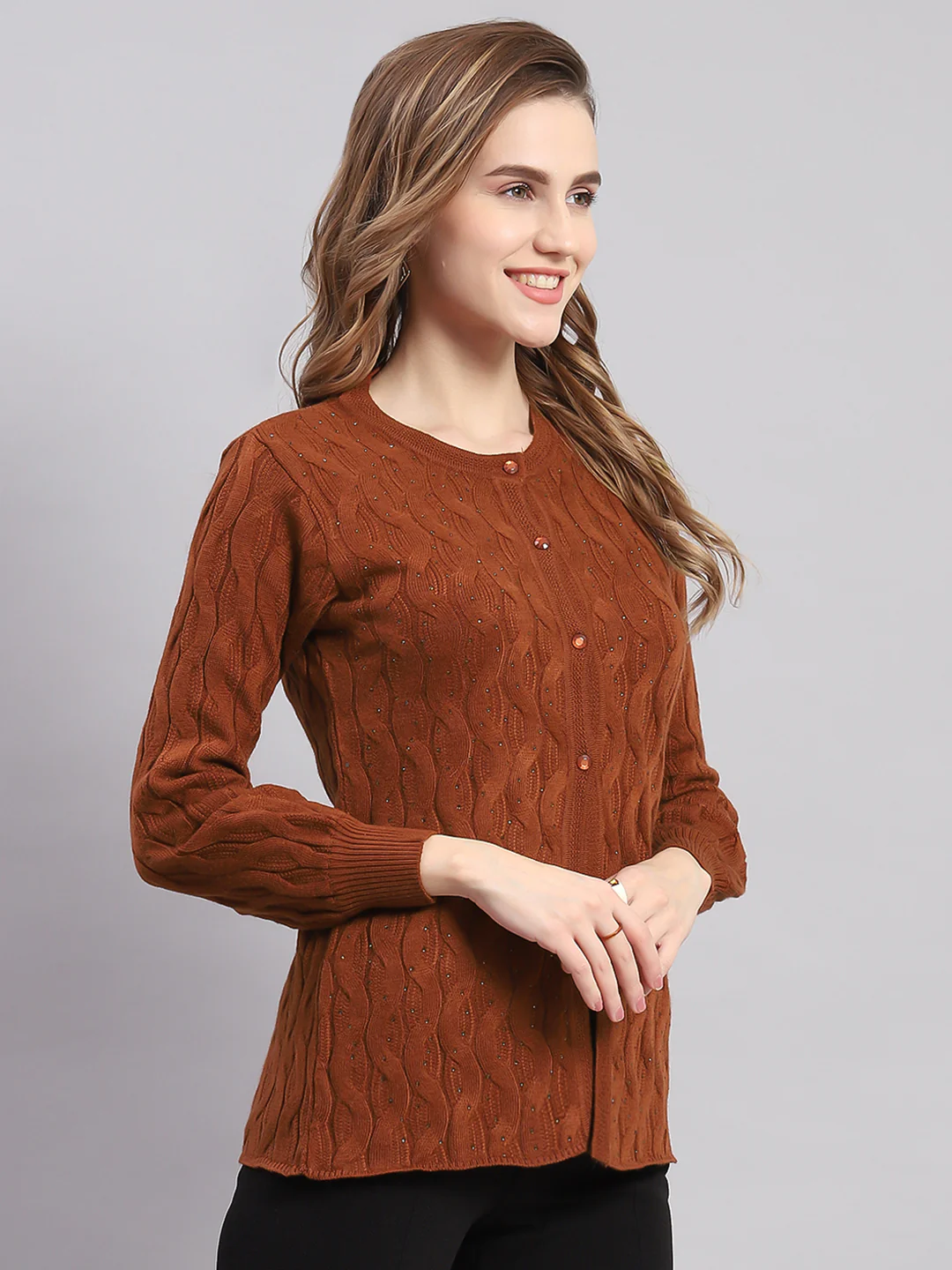 Women Brown Self Design Round Neck Full Sleeve Cardigans - Image 6