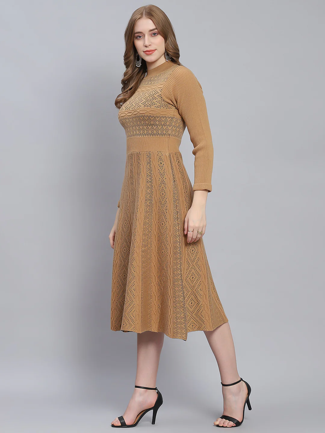 Women Brown Self Design T Neck 3/4 Sleeve Dresses - Image 3