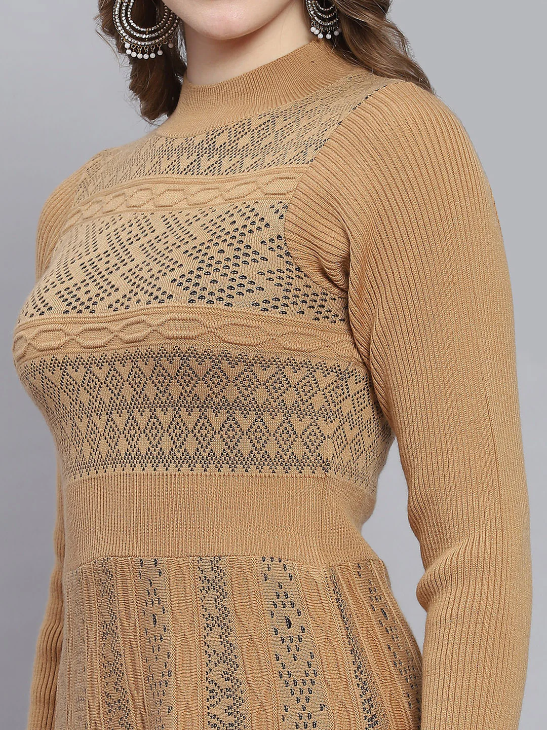Women Brown Self Design T Neck 3/4 Sleeve Dresses - Image 6