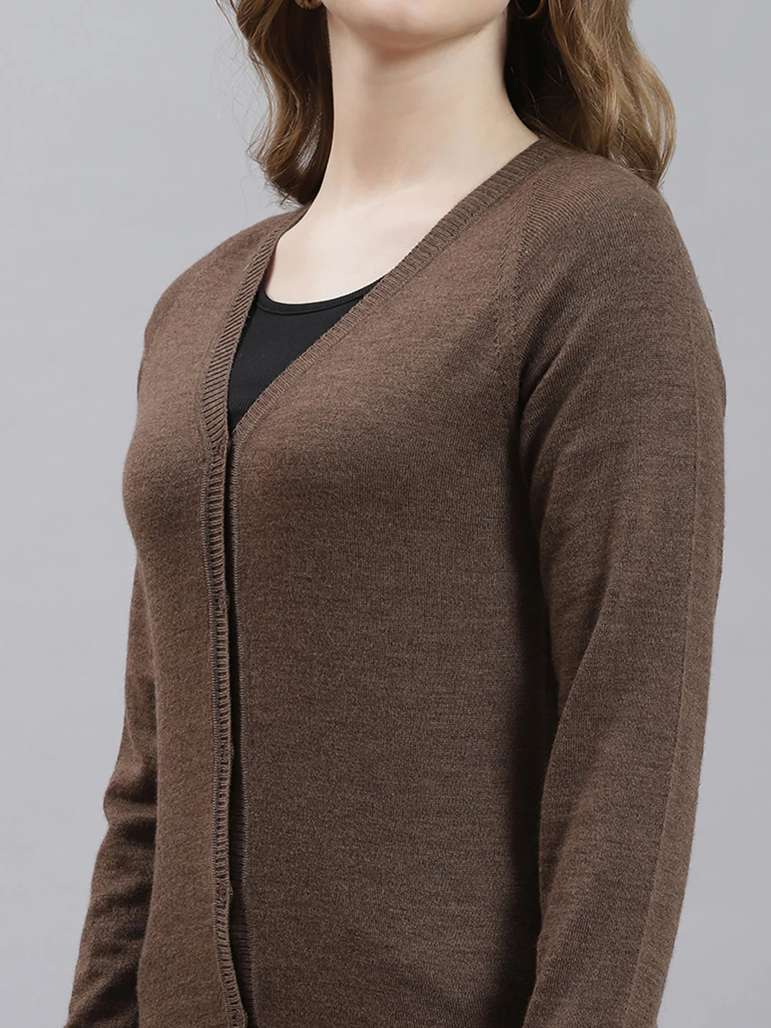 Women Brown Solid Cardigan - Image 6