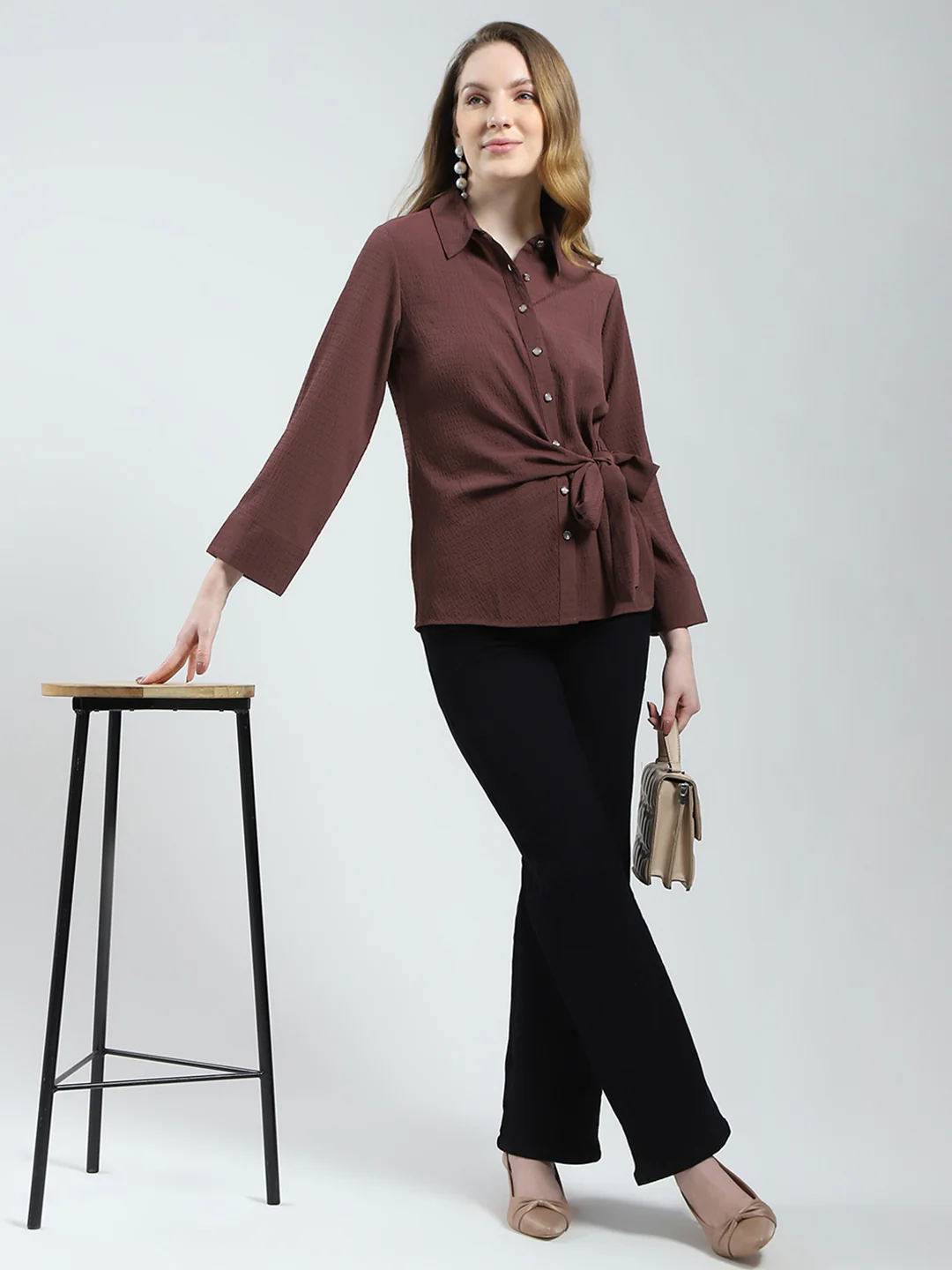 Women Brown Solid Collar 3/4th Sleeve Top - Image 2