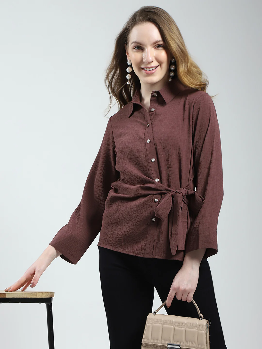 Women Brown Solid Collar 3/4th Sleeve Top - Image 6