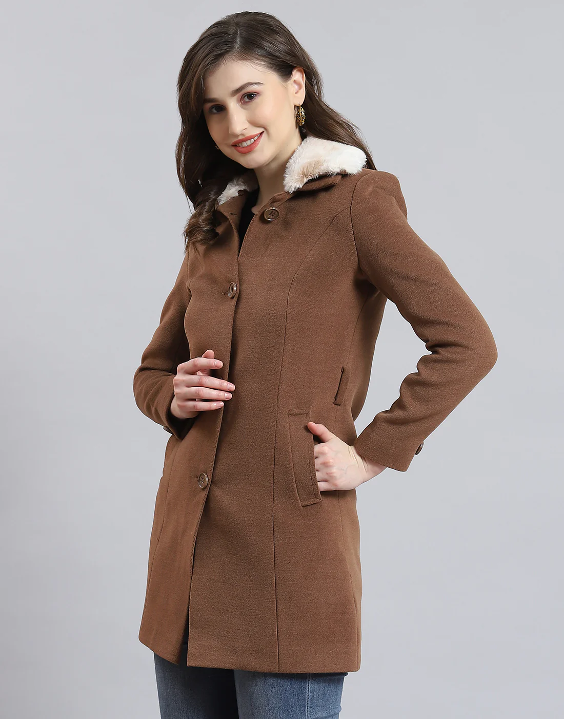 Women Brown Solid Collar Full Sleeve Coat - Image 3