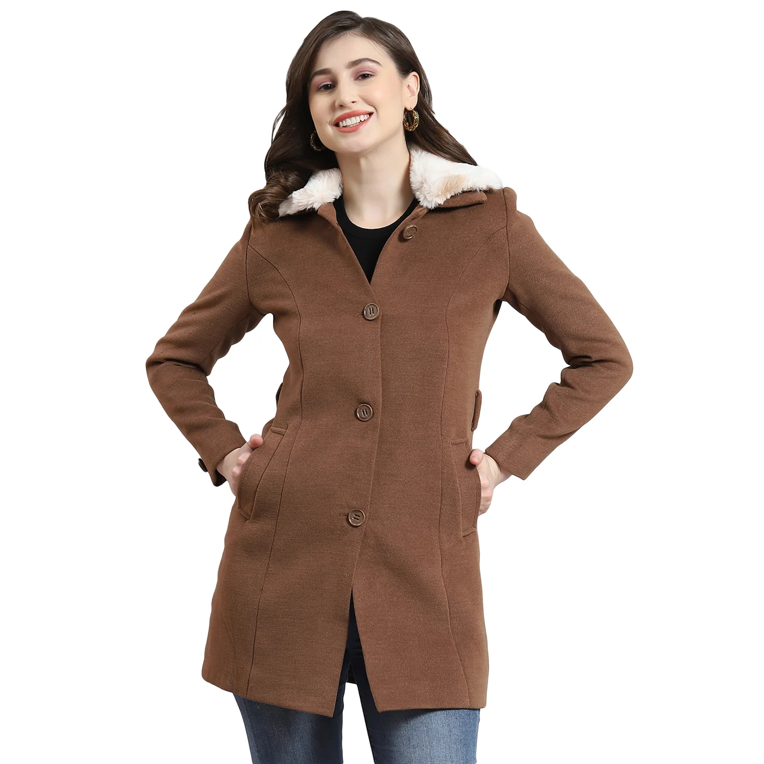 Women Brown Solid Collar Full Sleeve Coat - Image 5