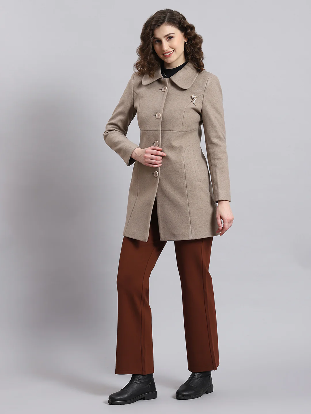 Women Brown Solid Collar Full Sleeve Coat - Image 2
