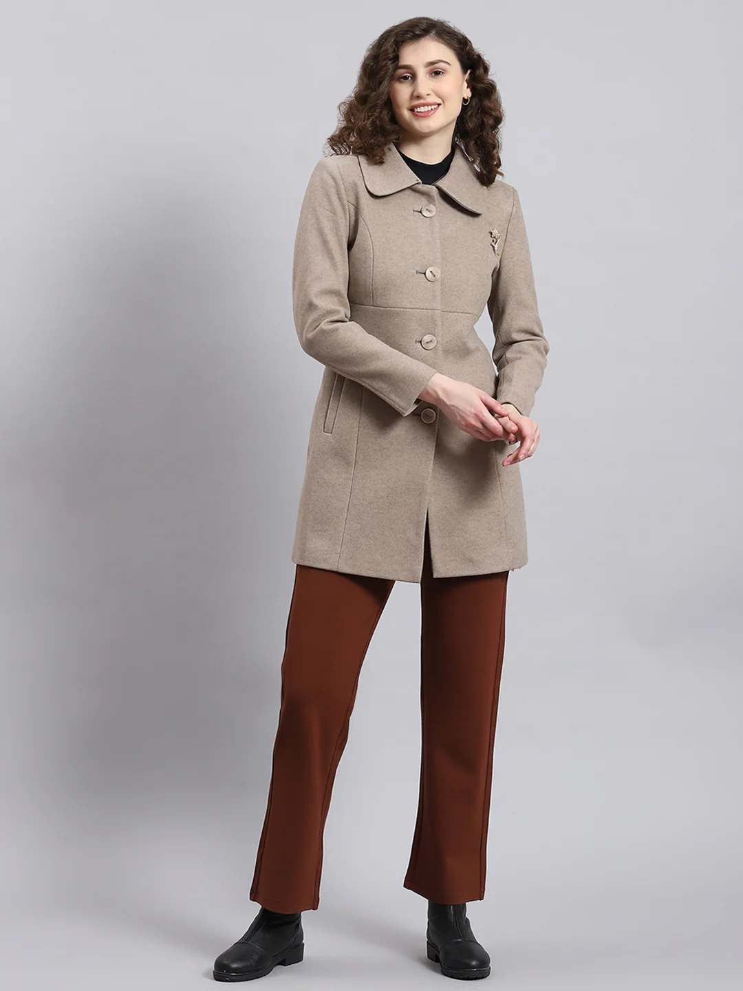 Women Brown Solid Collar Full Sleeve Coat - Image 5
