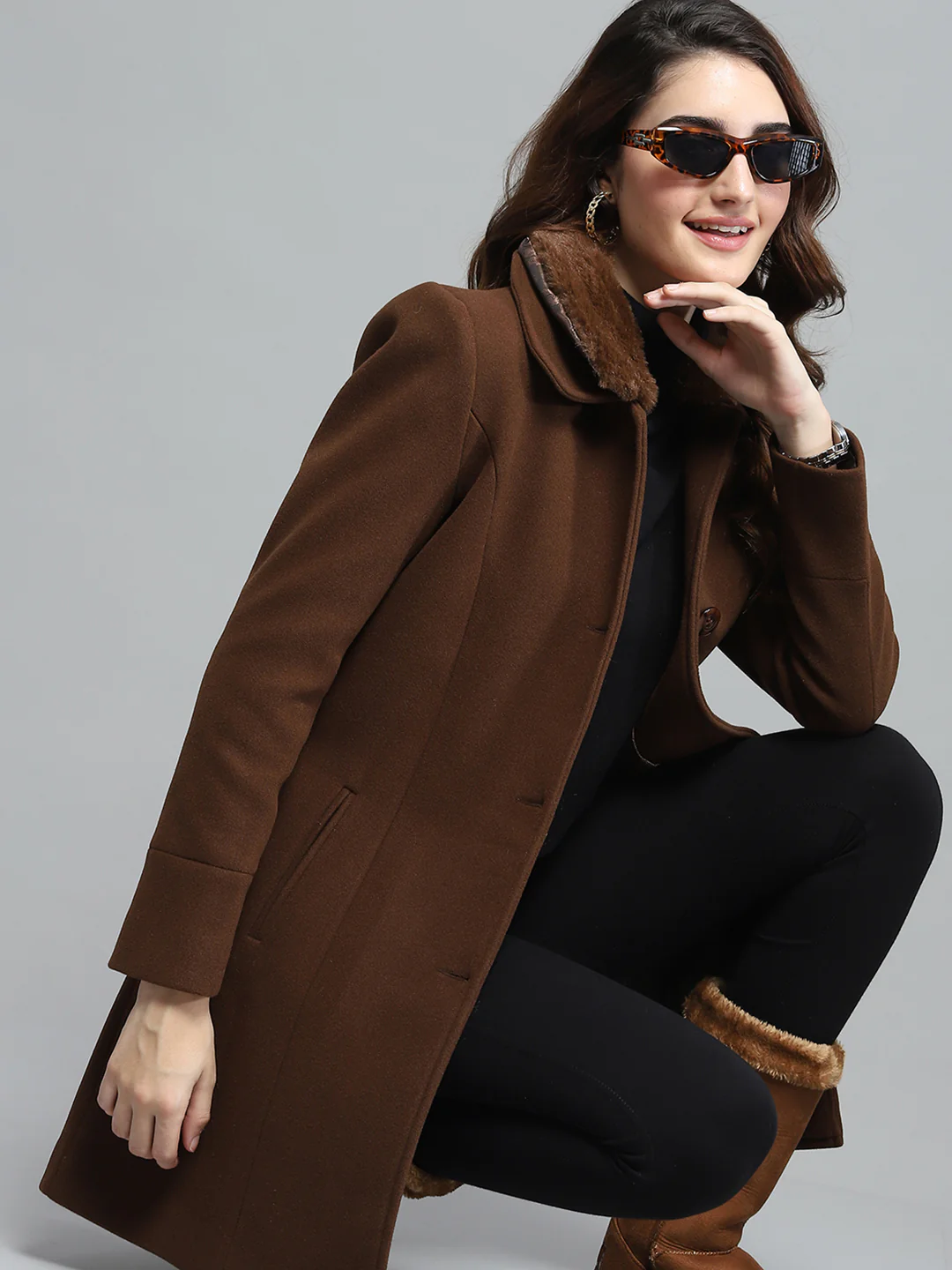 Women Brown Solid Collar Full Sleeve Coat - Image 2
