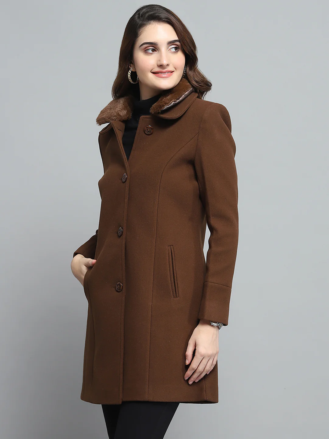 Women Brown Solid Collar Full Sleeve Coat - Image 3
