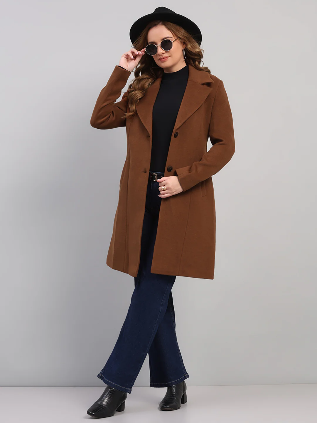 Women Brown Solid Collar Full Sleeve Coat - Image 2