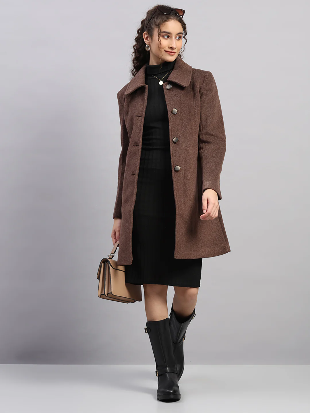 Women Brown Solid Collar Full Sleeve Coat - Image 2