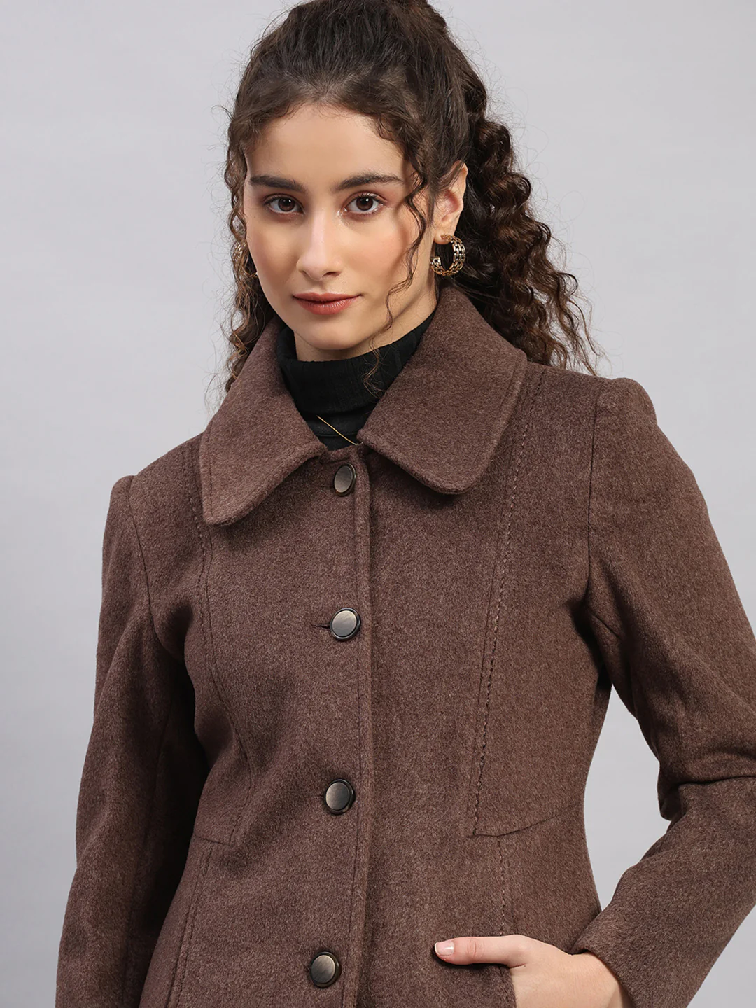 Women Brown Solid Collar Full Sleeve Coat - Image 6