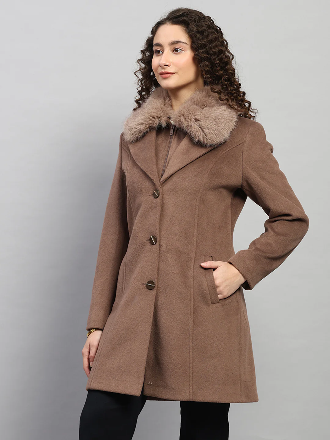 Women Brown Solid Collar Full Sleeve Coat - Image 3