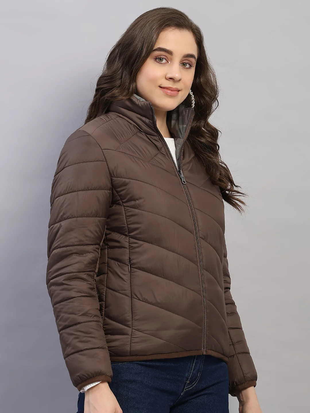 Women Brown Solid Collar Full Sleeve Reversible Jacket - Image 4
