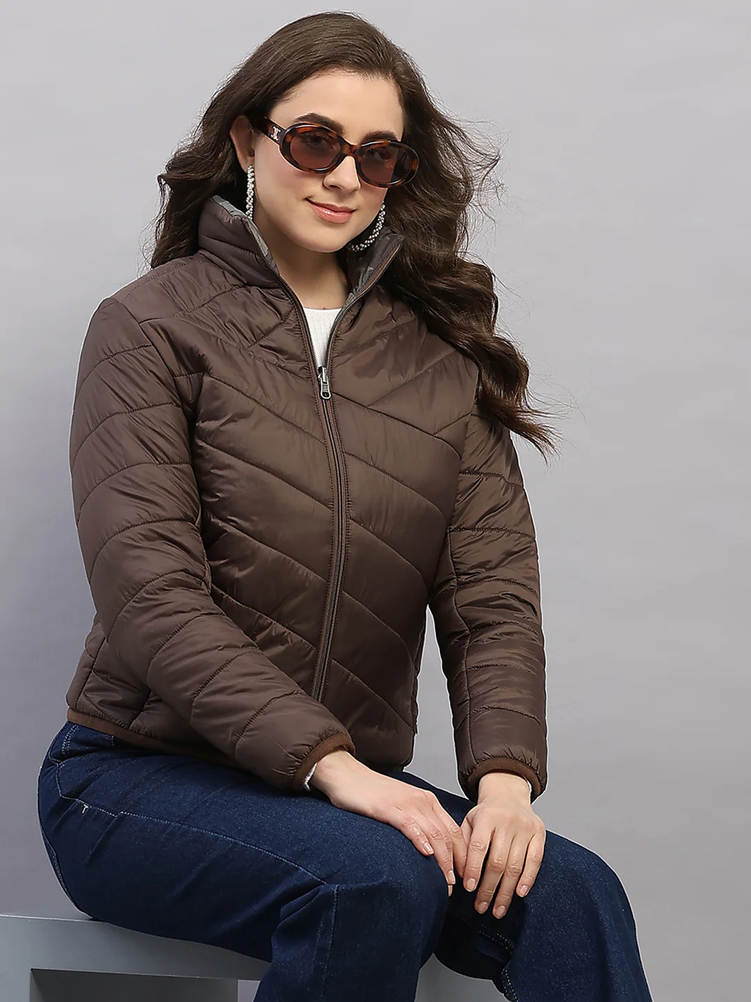 Women Brown Solid Collar Full Sleeve Reversible Jacket - Image 6