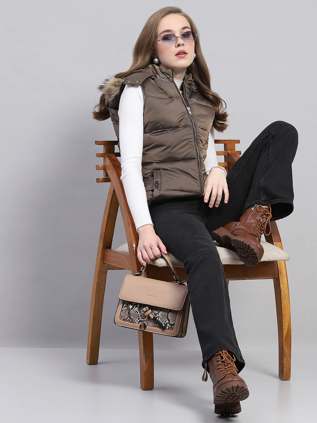 Women Brown Solid Detachable Hood Sleeveless Jacket - Image 2