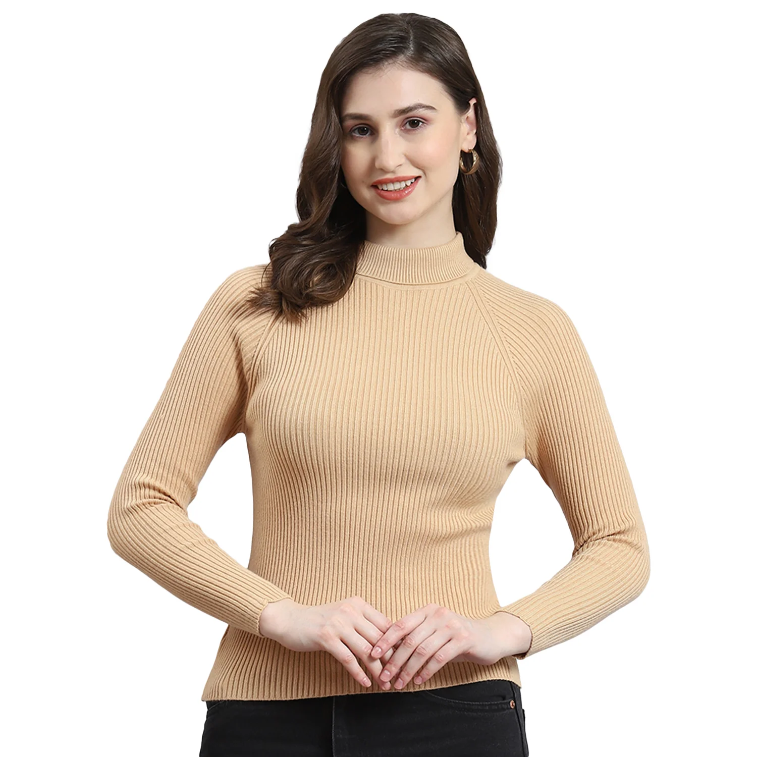 Women Brown Solid H Neck Full Sleeve Sweater - Image 5